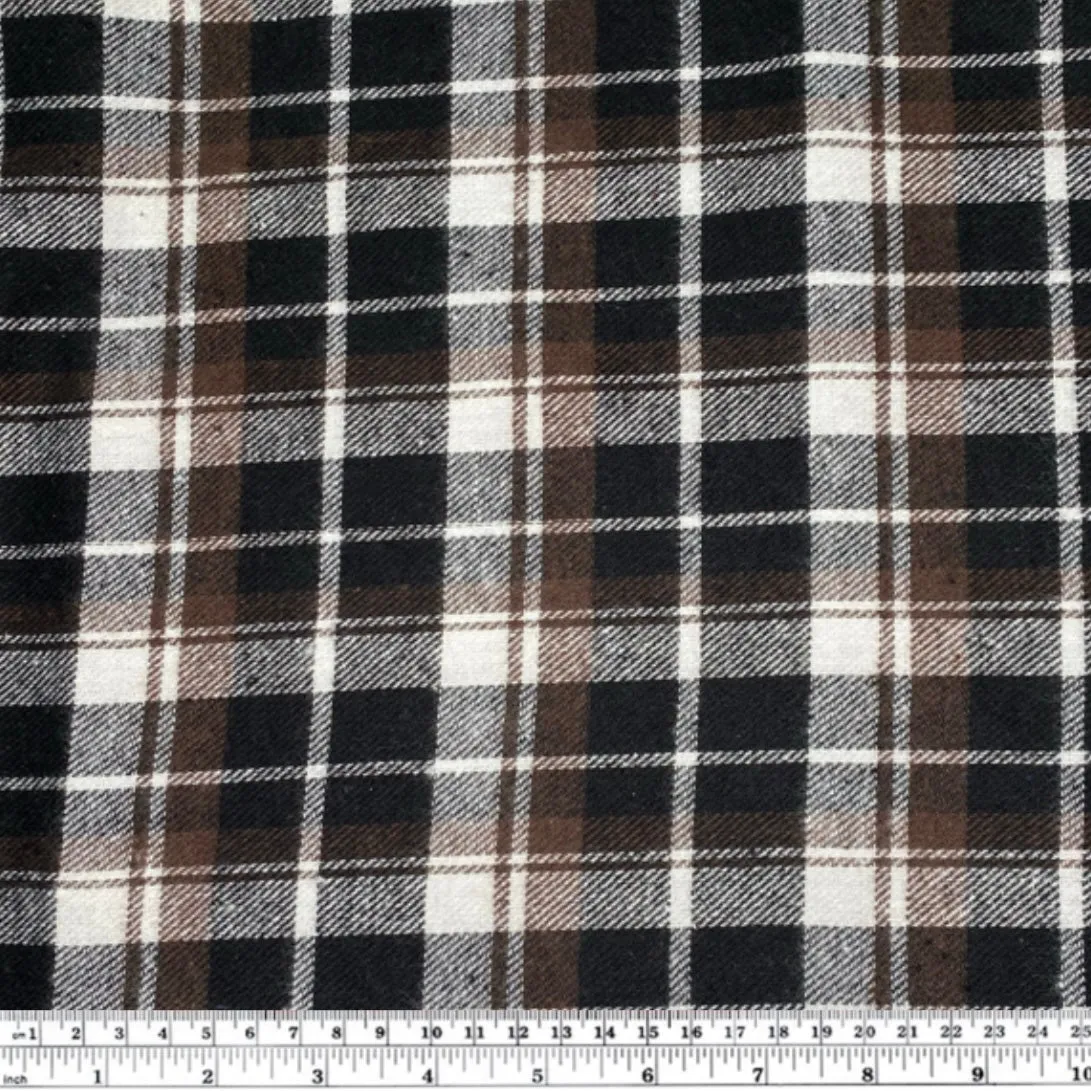 Plaid Cotton Flannel - Remnant - Black/White/Brown
