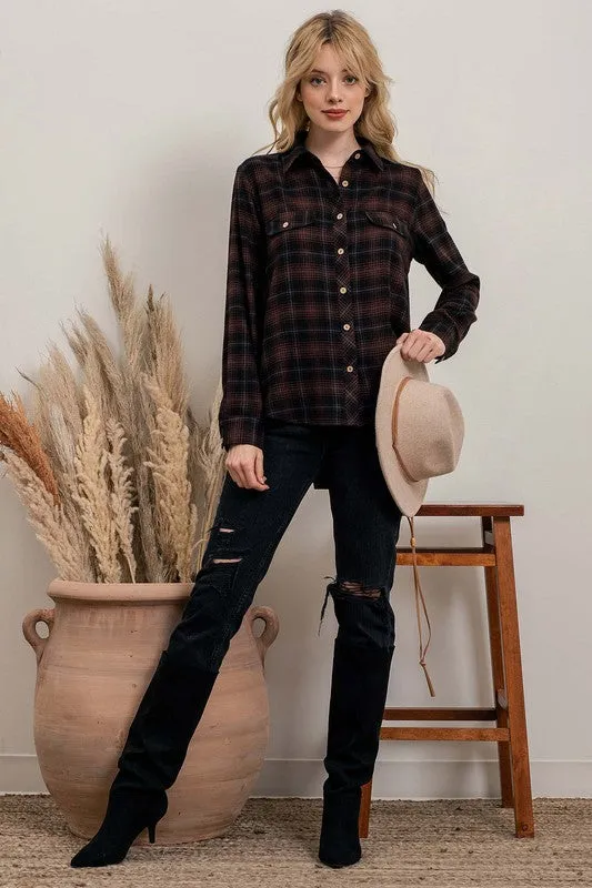 PLAID FLANNEL BUTTON UP - BLACK/BROWN