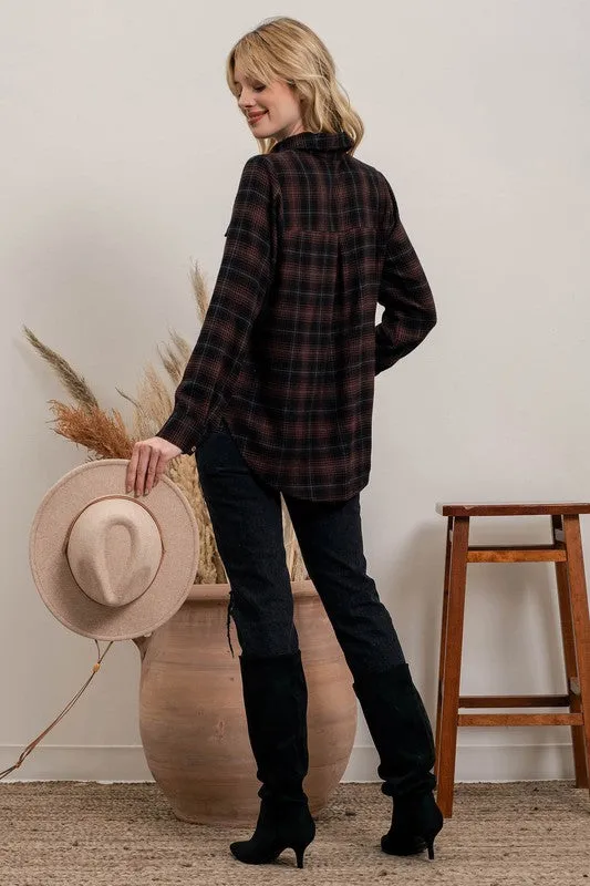 PLAID FLANNEL BUTTON UP - BLACK/BROWN