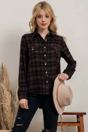PLAID FLANNEL BUTTON UP - BLACK/BROWN