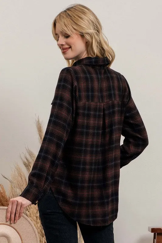 PLAID FLANNEL BUTTON UP - BLACK/BROWN