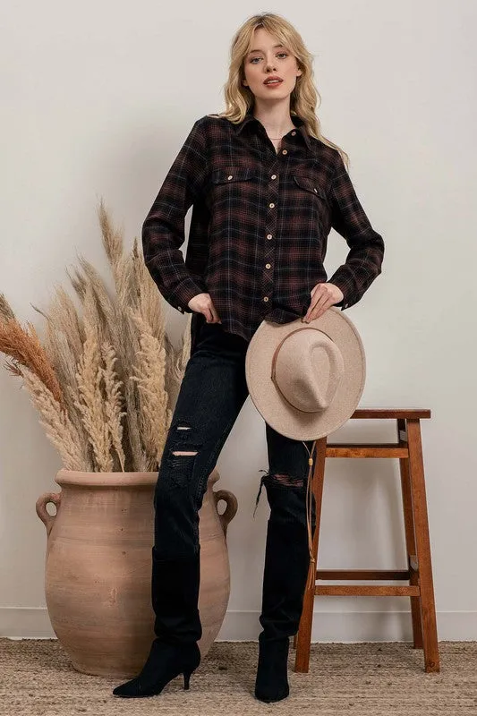 PLAID FLANNEL BUTTON UP - BLACK/BROWN