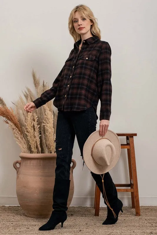 PLAID FLANNEL BUTTON UP - BLACK/BROWN