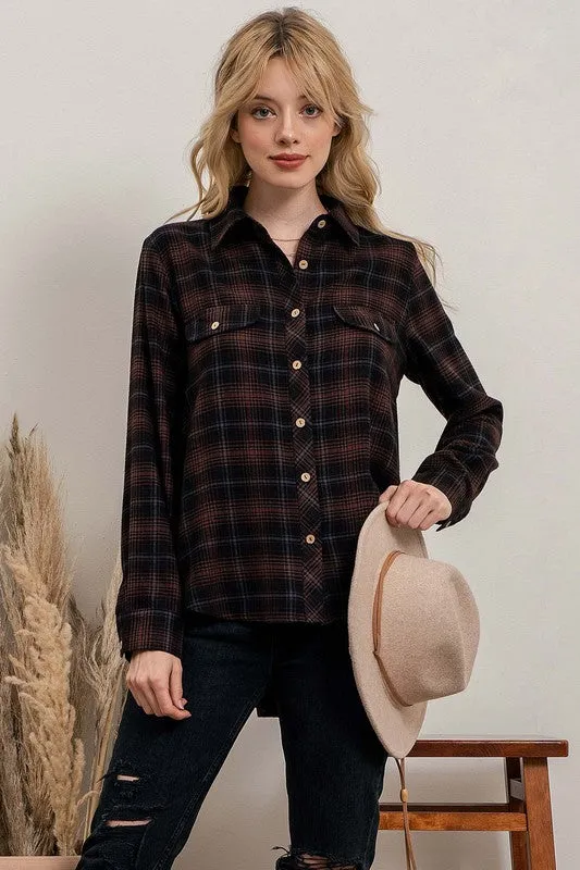 PLAID FLANNEL BUTTON UP - BLACK/BROWN
