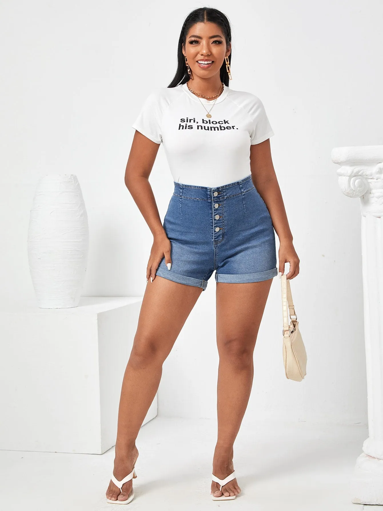 Plain Button Front High Waist Plus Size Denim Shorts