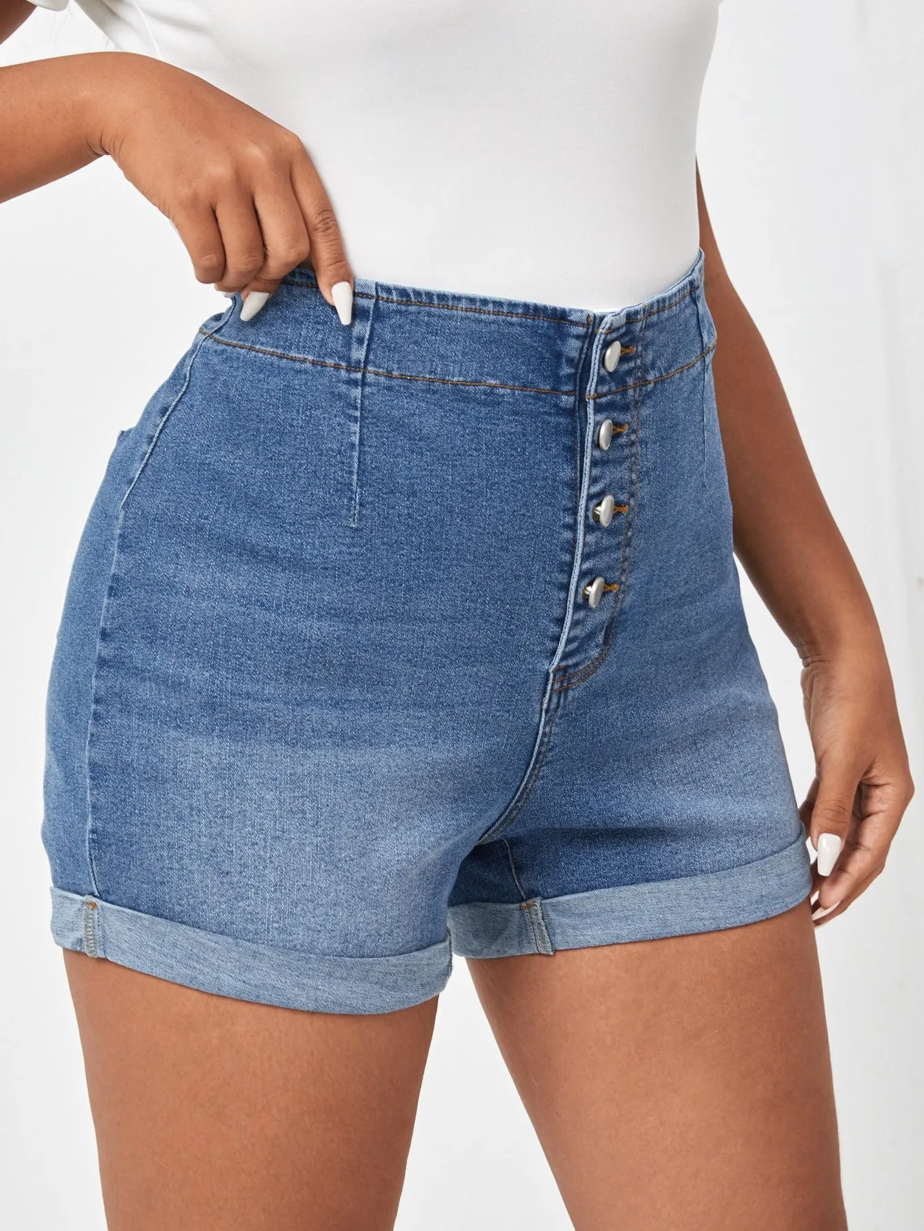 Plain Button Front High Waist Plus Size Denim Shorts
