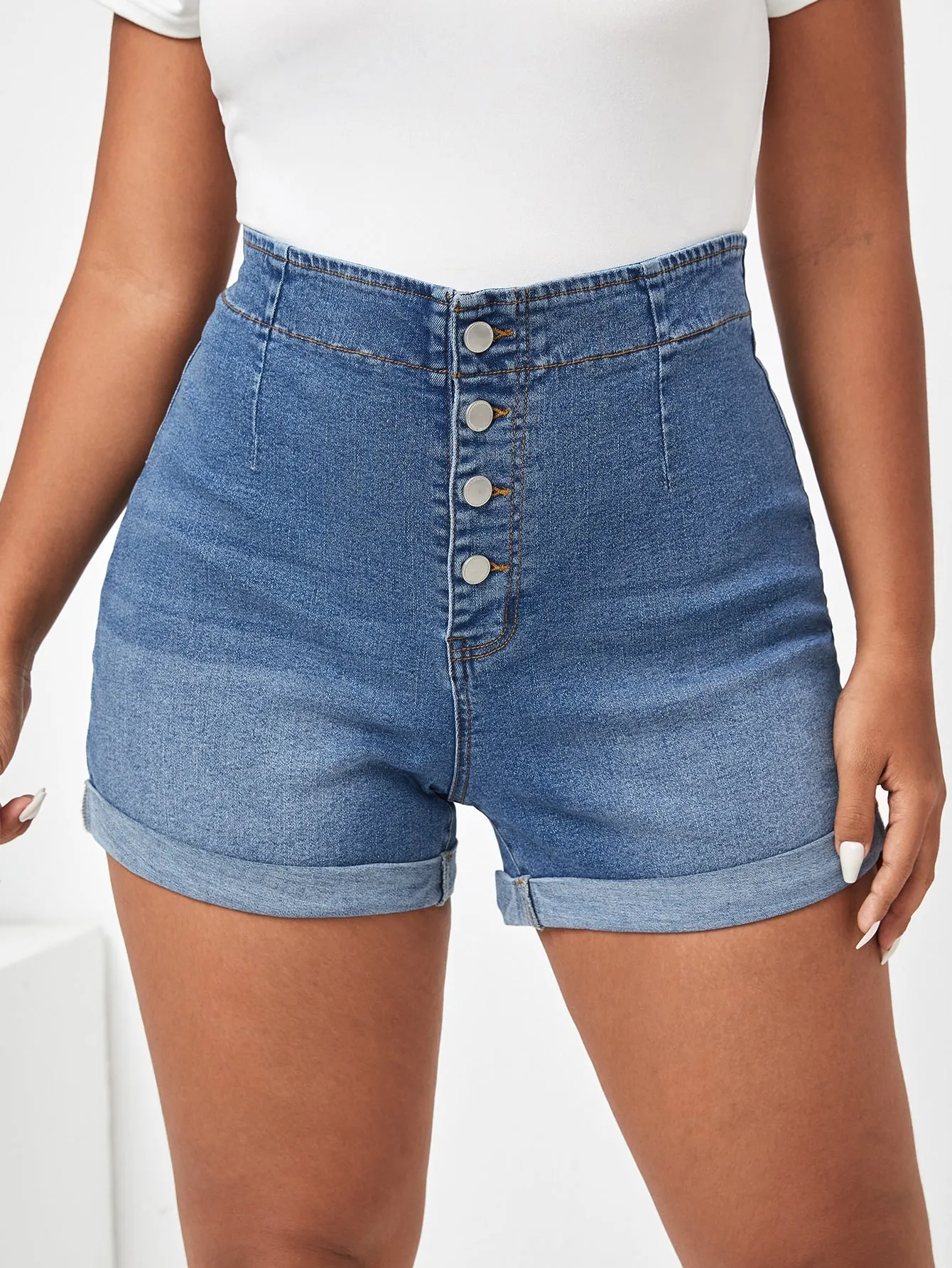 Plain Button Front High Waist Plus Size Denim Shorts