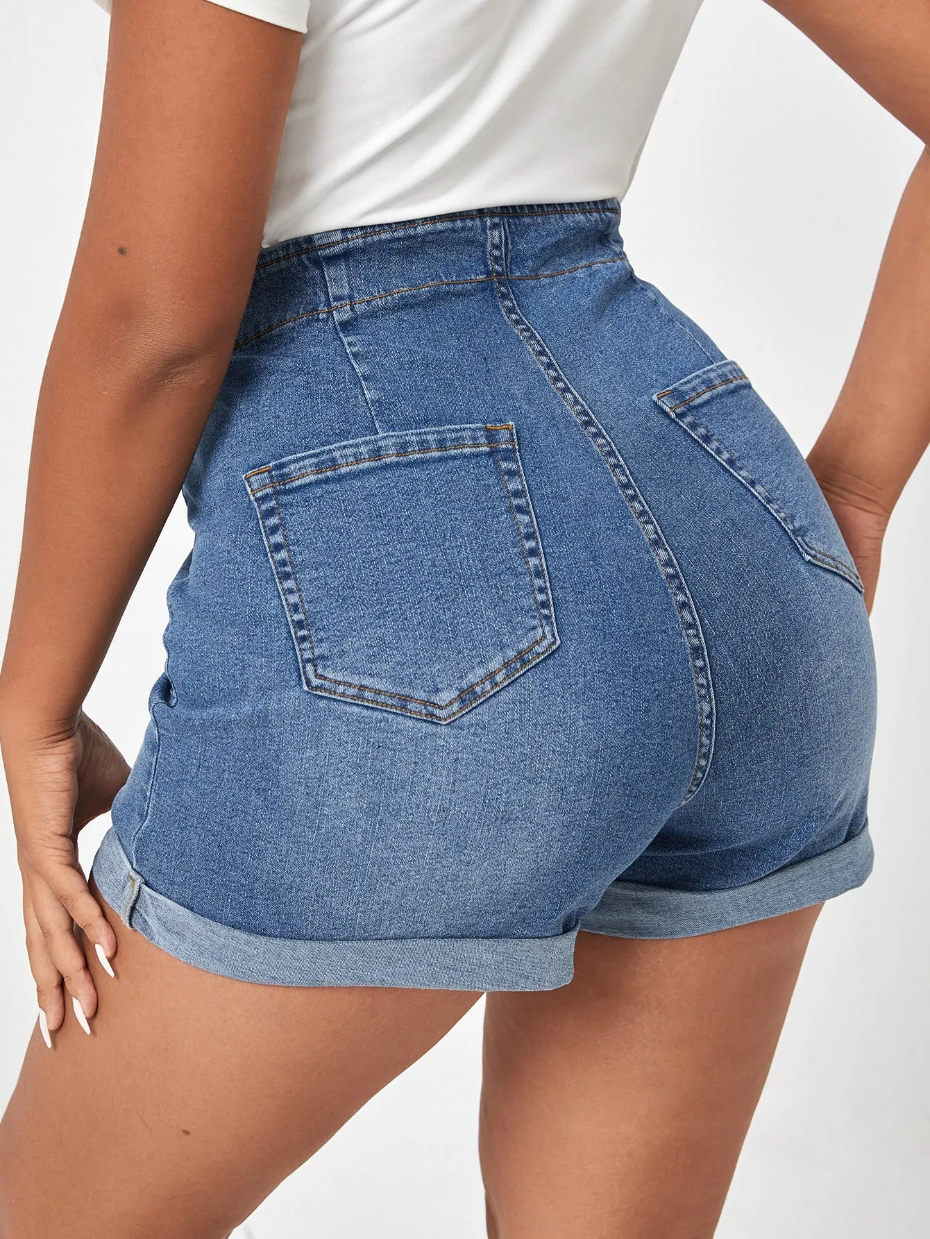 Plain Button Front High Waist Plus Size Denim Shorts
