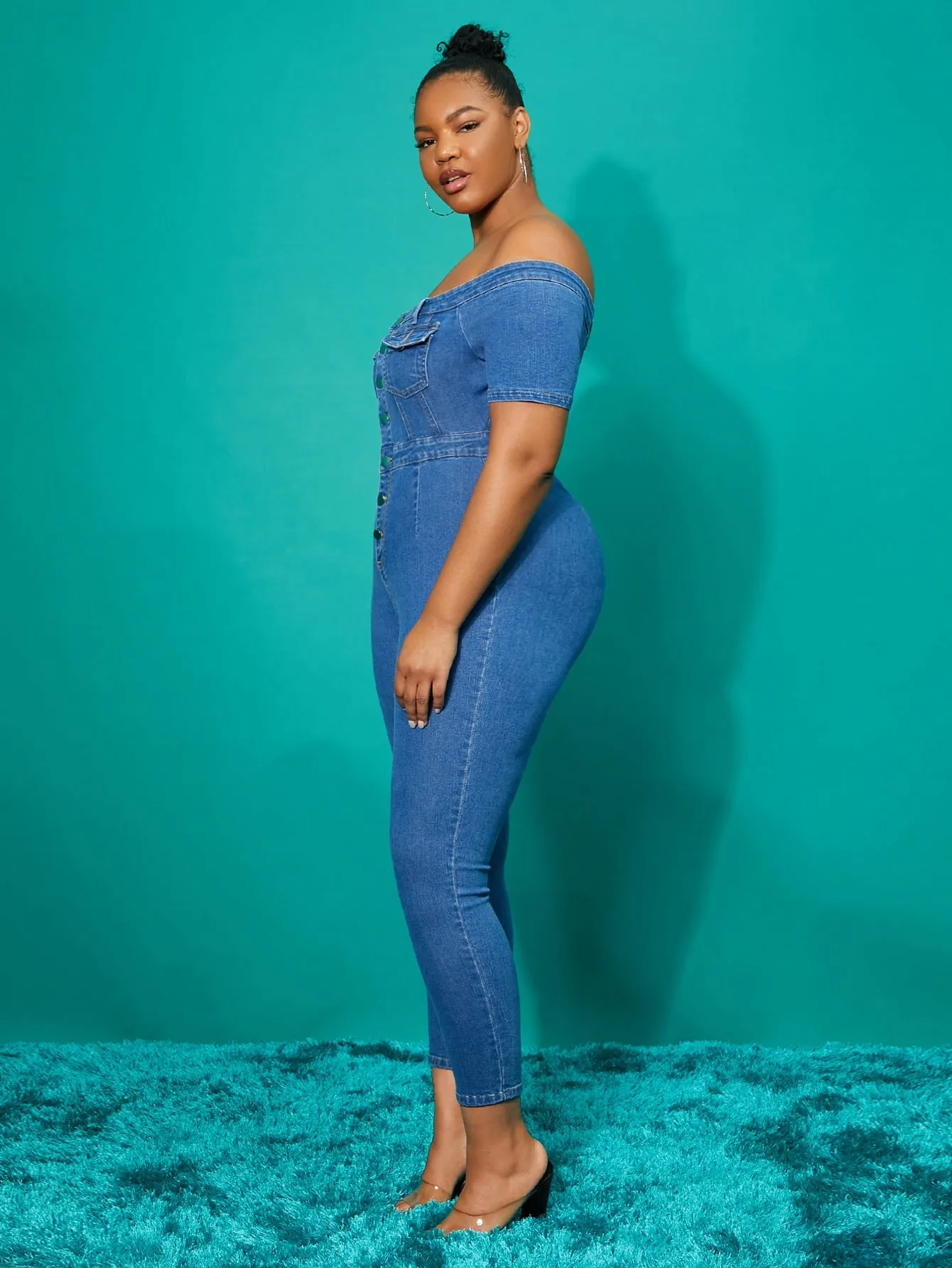 Plain Button Front Short Sleeve Off The Shoulder High Waist Long Plus Size Denim Overalls