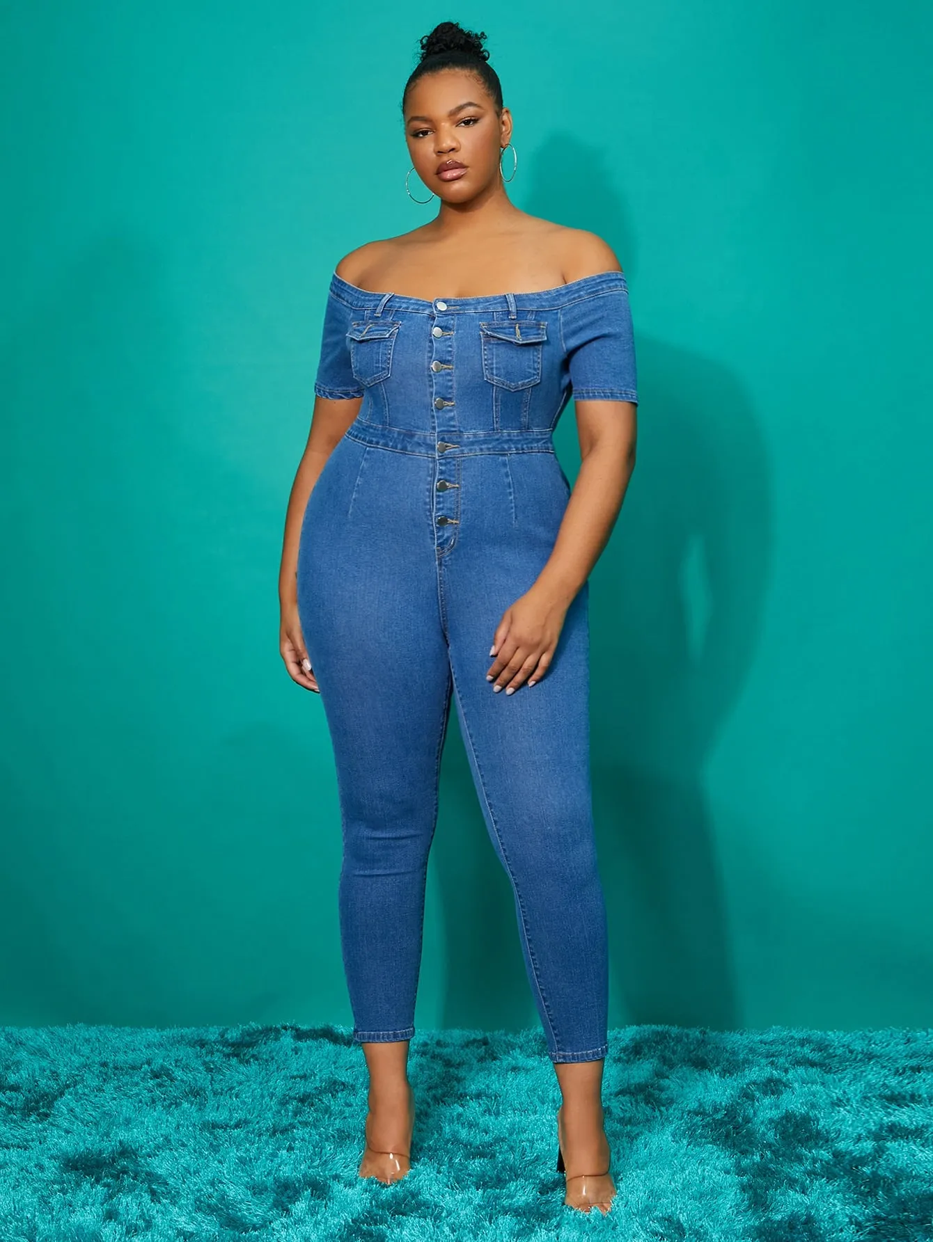 Plain Button Front Short Sleeve Off The Shoulder High Waist Long Plus Size Denim Overalls