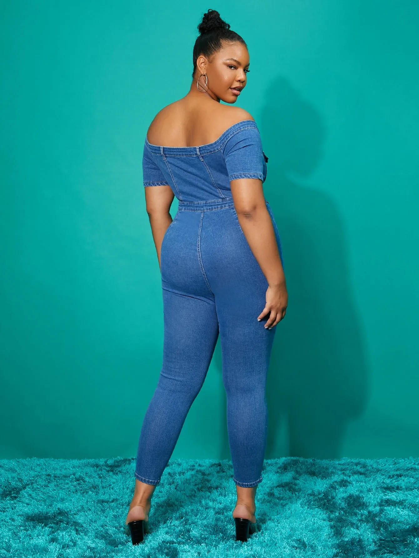 Plain Button Front Short Sleeve Off The Shoulder High Waist Long Plus Size Denim Overalls