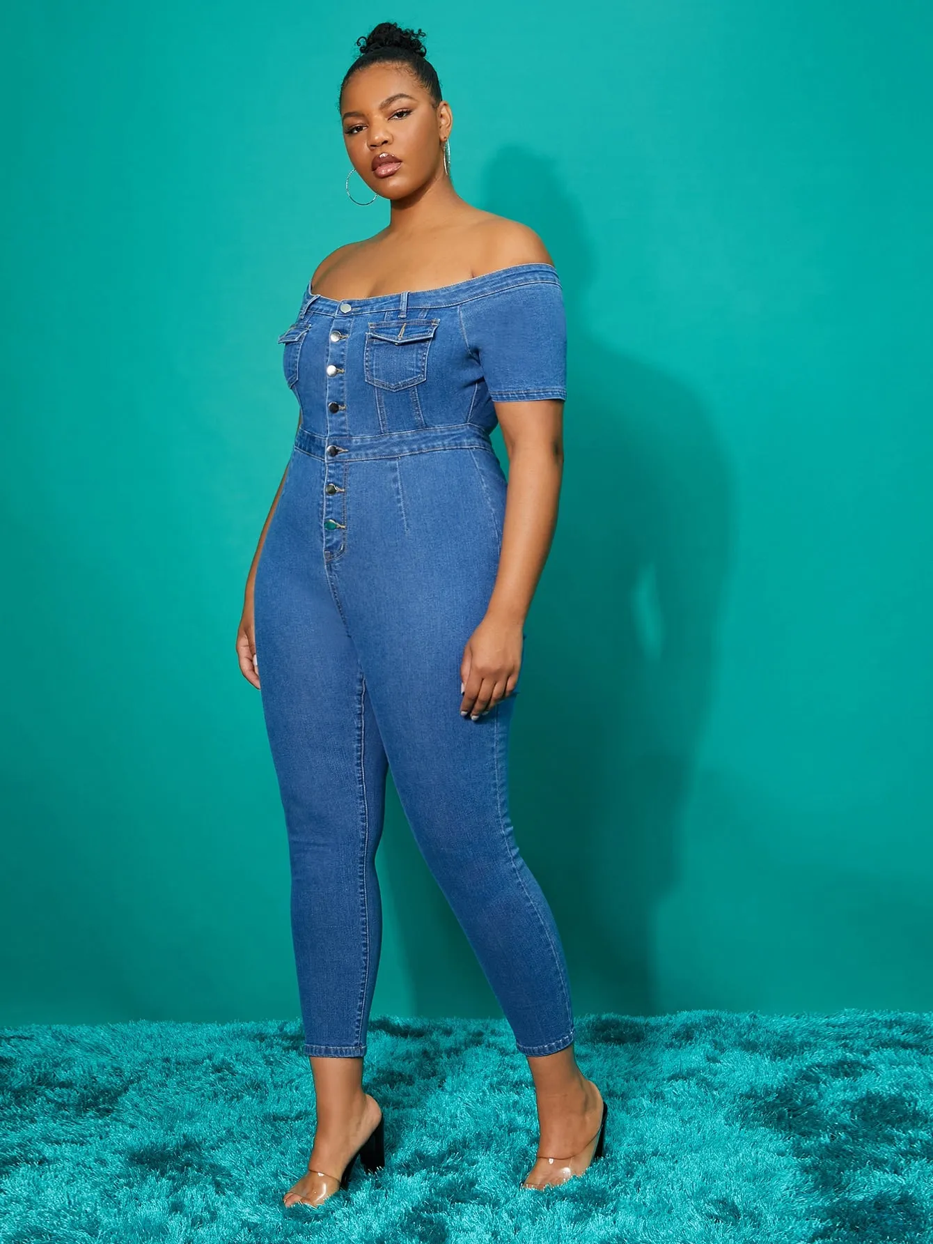 Plain Button Front Short Sleeve Off The Shoulder High Waist Long Plus Size Denim Overalls