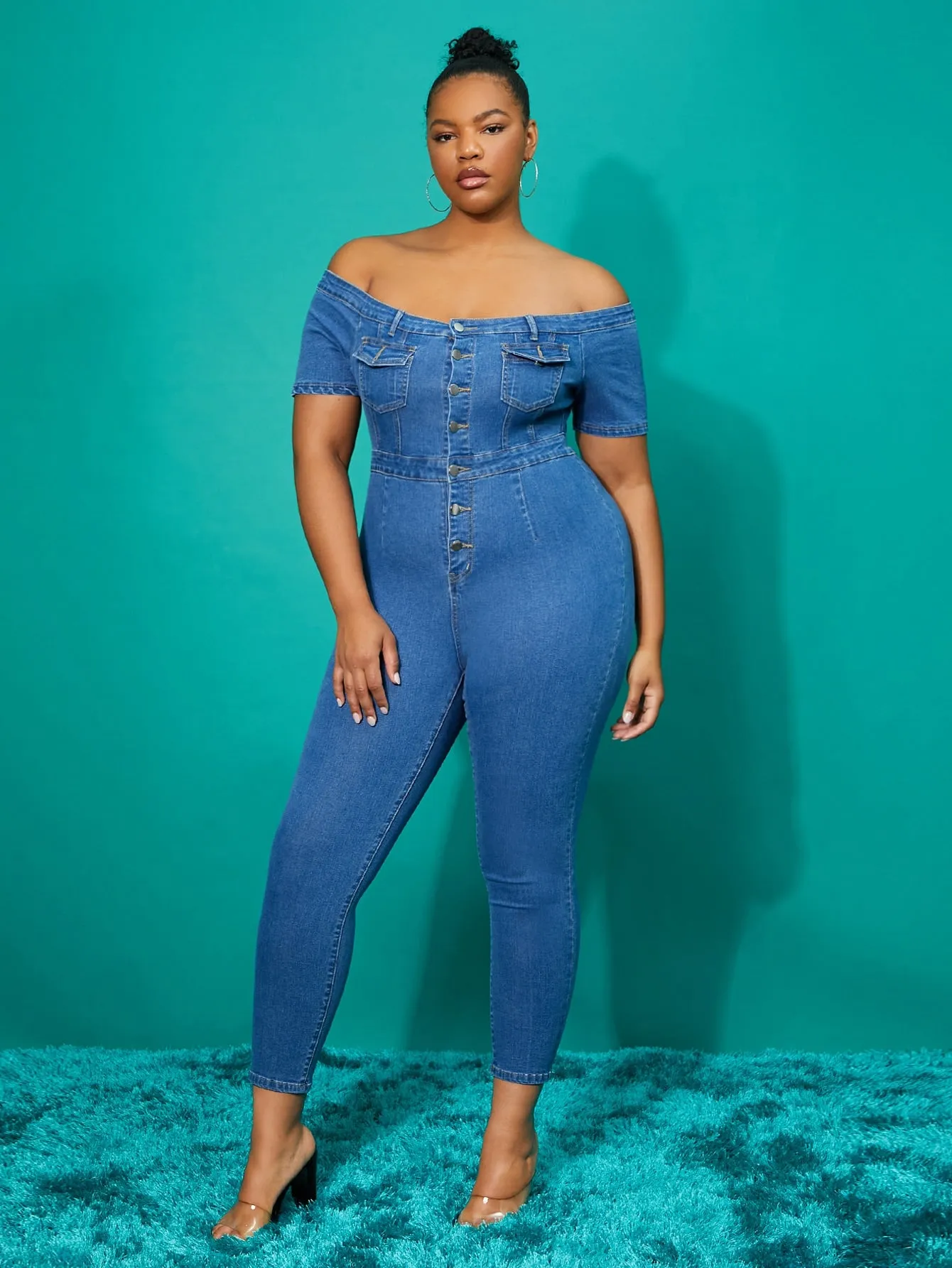 Plain Button Front Short Sleeve Off The Shoulder High Waist Long Plus Size Denim Overalls