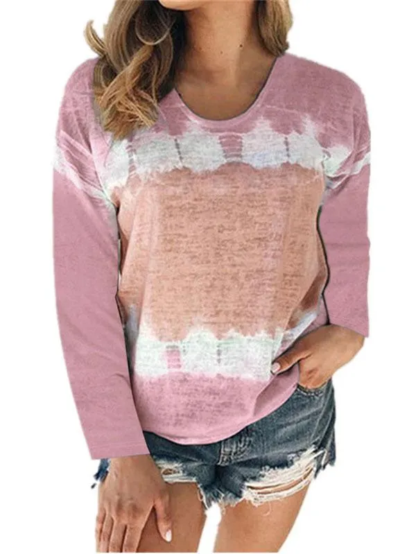 Plus Size Color Block Tie Dye Long Sleeve Crew Neck Casual T-Shirt
