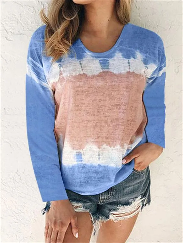 Plus Size Color Block Tie Dye Long Sleeve Crew Neck Casual T-Shirt