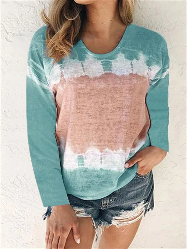 Plus Size Color Block Tie Dye Long Sleeve Crew Neck Casual T-Shirt