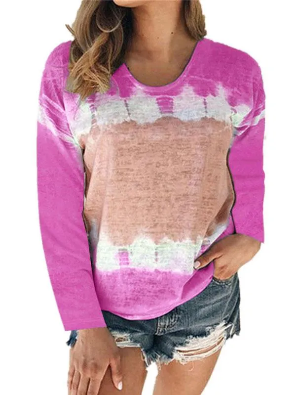 Plus Size Color Block Tie Dye Long Sleeve Crew Neck Casual T-Shirt