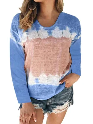 Plus Size Color Block Tie Dye Long Sleeve Crew Neck Casual T-Shirt