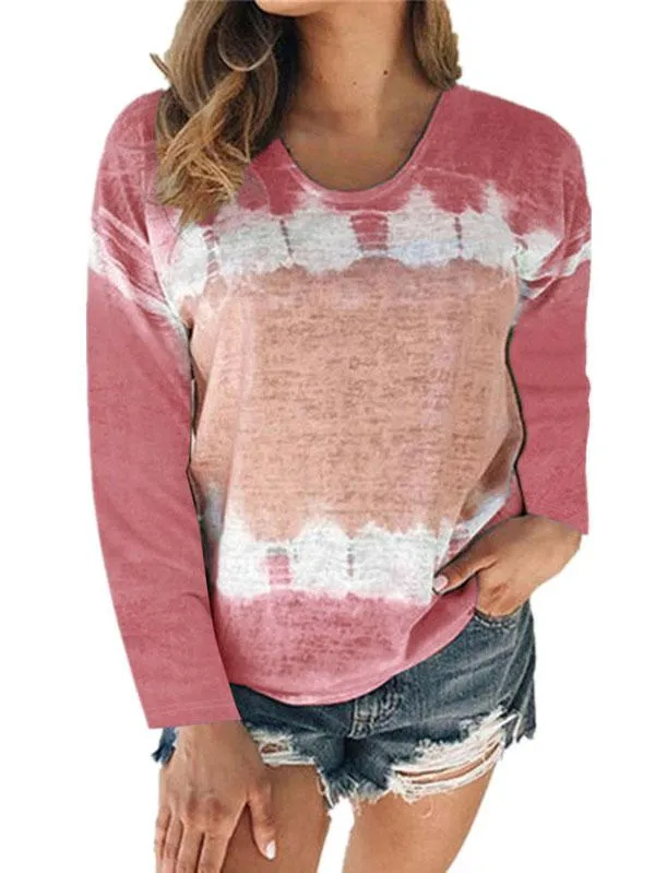 Plus Size Color Block Tie Dye Long Sleeve Crew Neck Casual T-Shirt