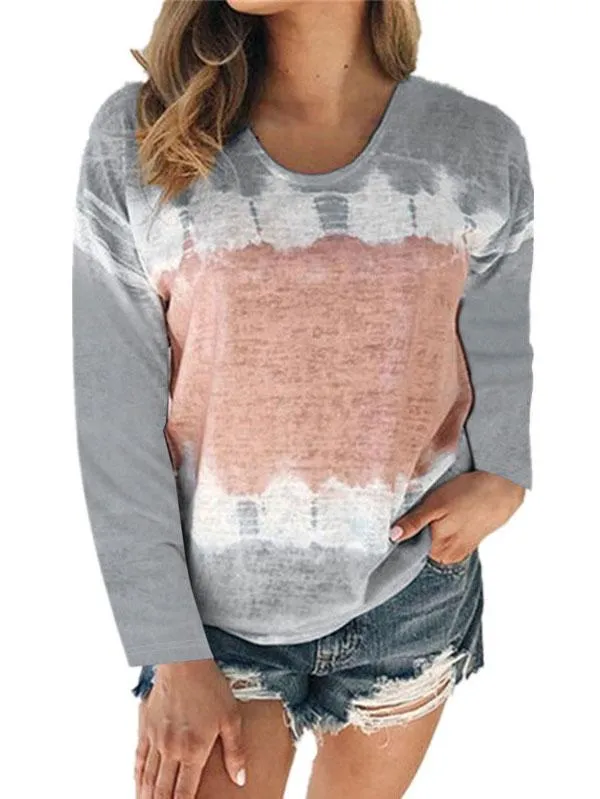 Plus Size Color Block Tie Dye Long Sleeve Crew Neck Casual T-Shirt