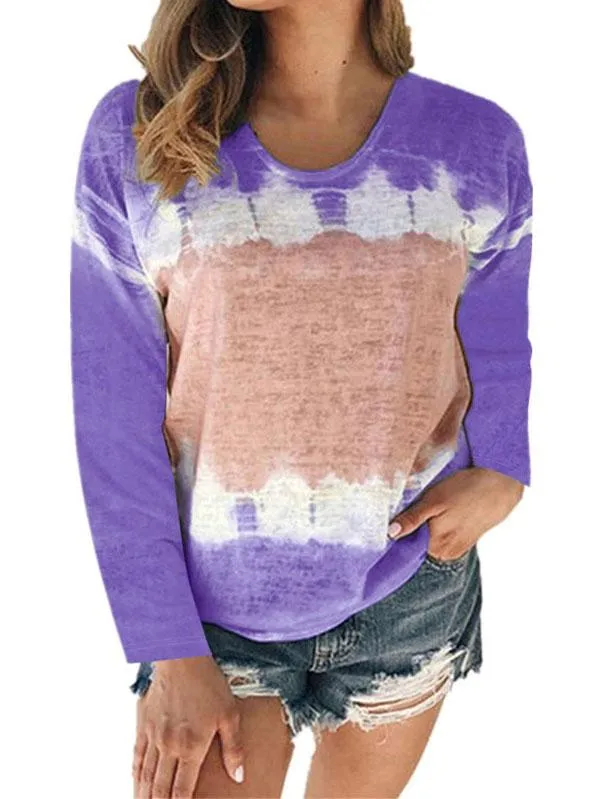 Plus Size Color Block Tie Dye Long Sleeve Crew Neck Casual T-Shirt
