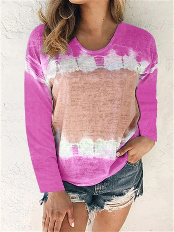 Plus Size Color Block Tie Dye Long Sleeve Crew Neck Casual T-Shirt
