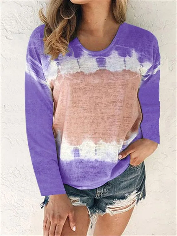 Plus Size Color Block Tie Dye Long Sleeve Crew Neck Casual T-Shirt