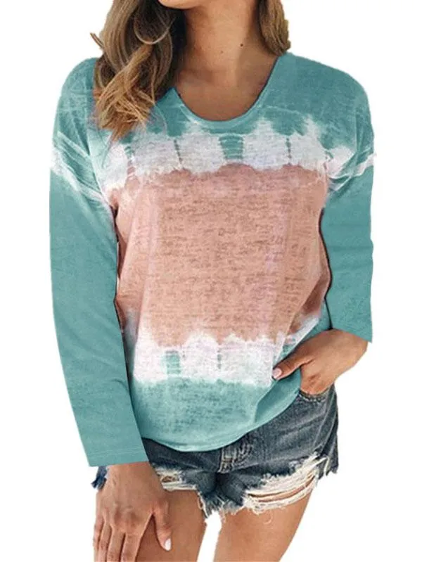 Plus Size Color Block Tie Dye Long Sleeve Crew Neck Casual T-Shirt