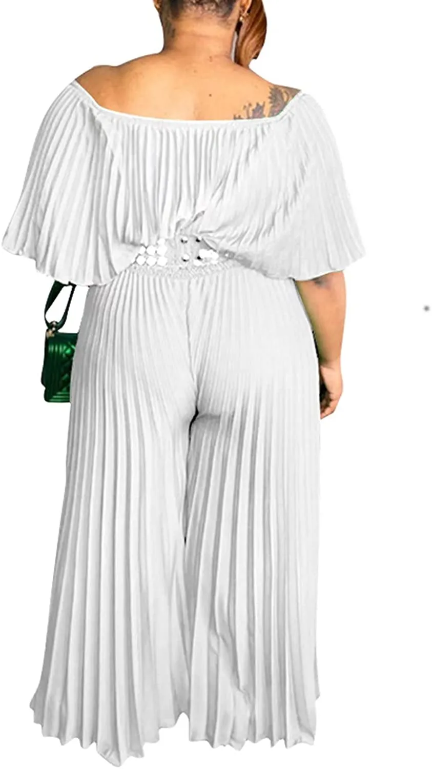 Plus Size White Pleated Off Shoulder Jumpsuit