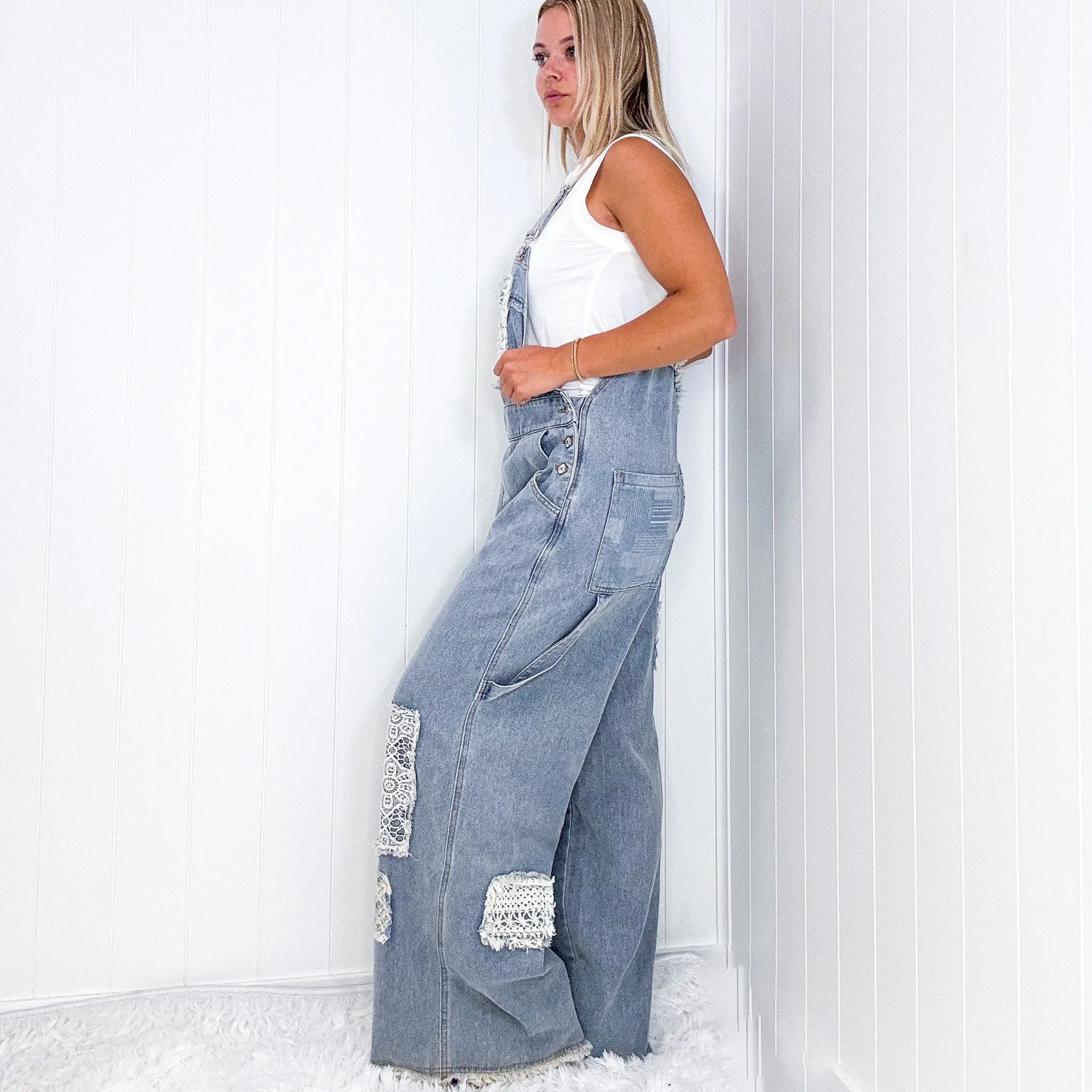 Pol Living Lacy Relaxed Super Wide Leg Patch Detail Denim Overalls