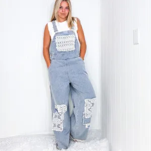 Pol Living Lacy Relaxed Super Wide Leg Patch Detail Denim Overalls