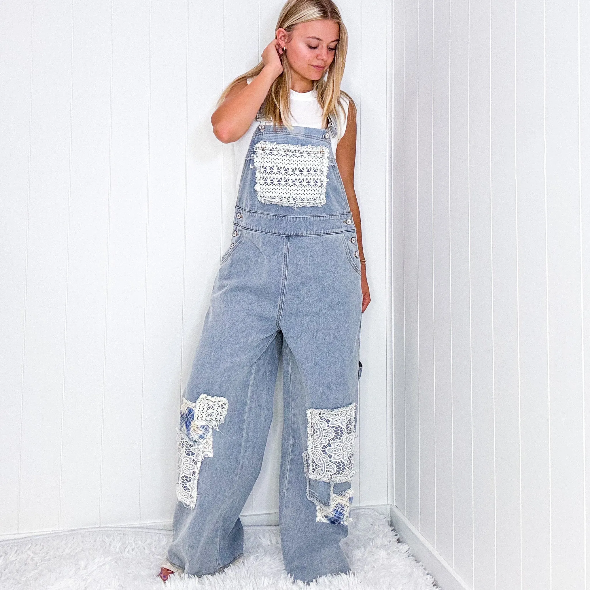 Pol Living Lacy Relaxed Super Wide Leg Patch Detail Denim Overalls