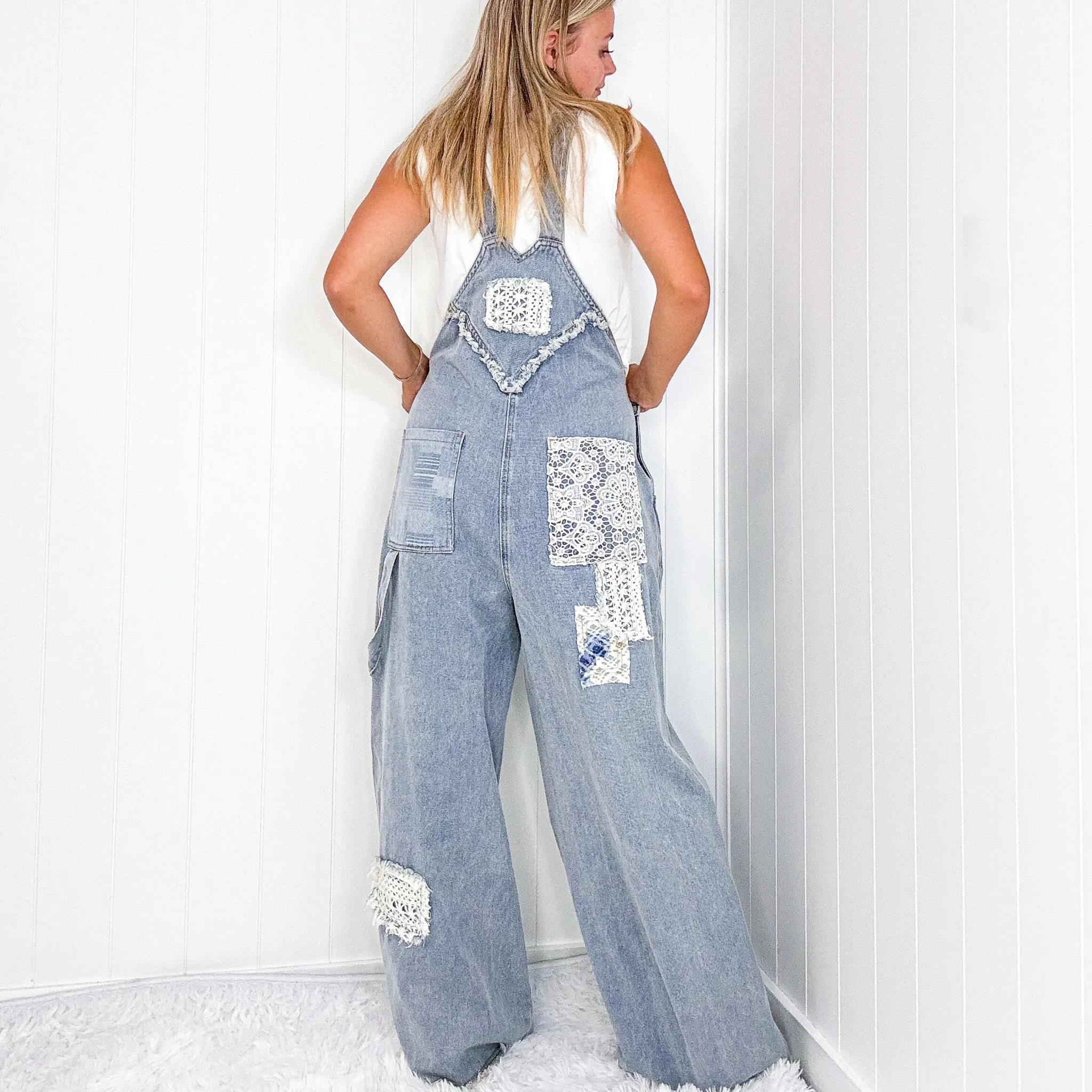 Pol Living Lacy Relaxed Super Wide Leg Patch Detail Denim Overalls