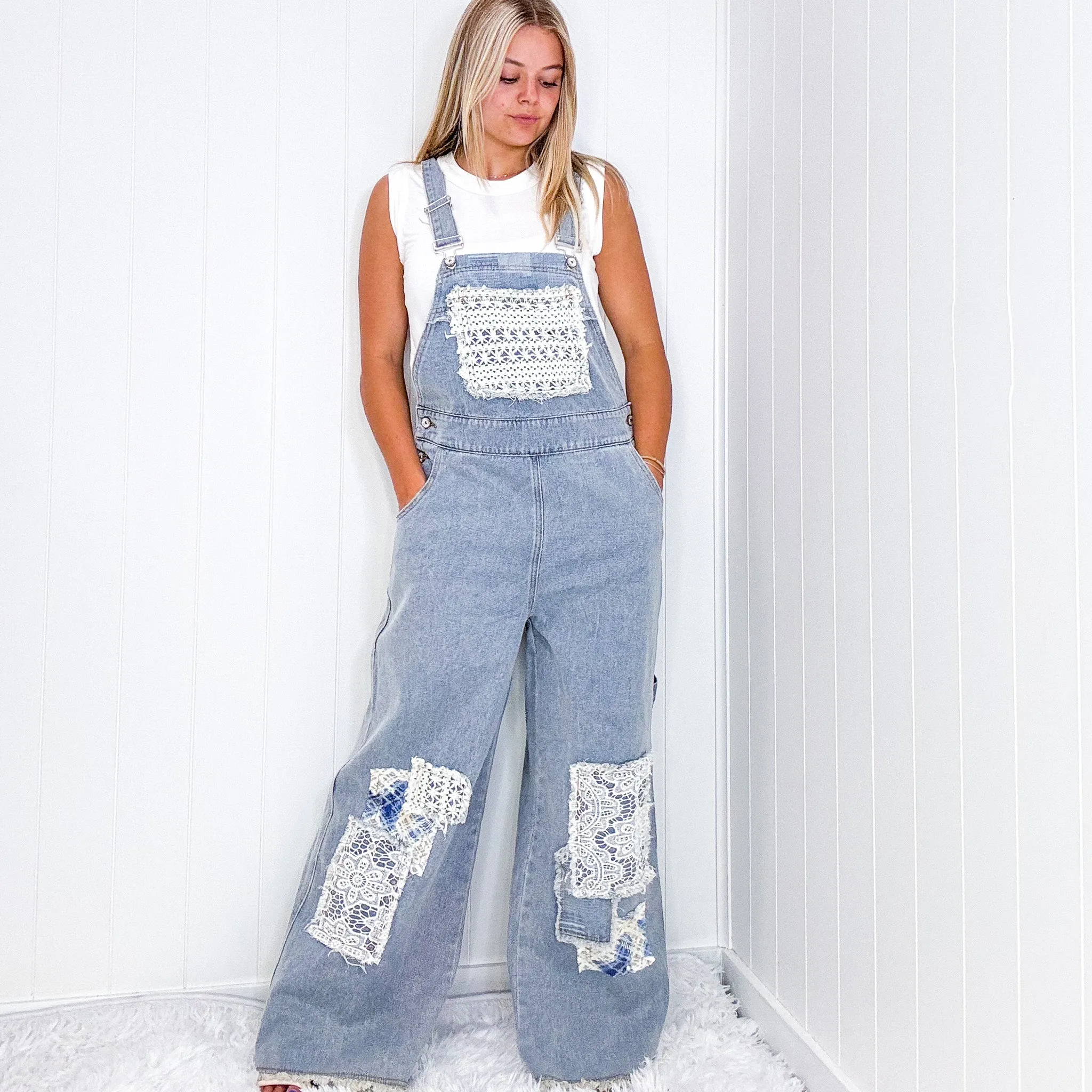 Pol Living Lacy Relaxed Super Wide Leg Patch Detail Denim Overalls