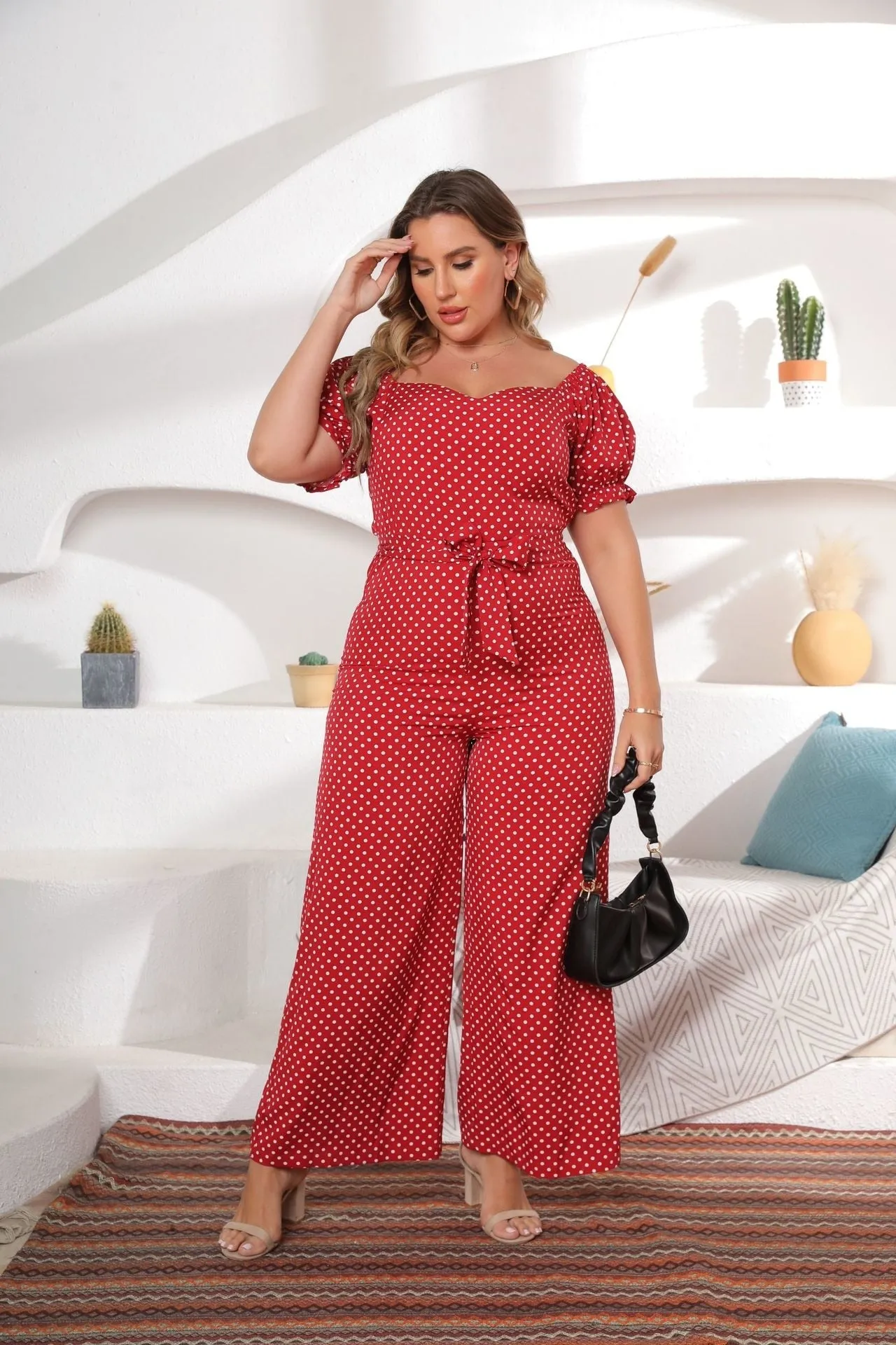 Polka Dot Print One Shoulder Wide Leg Jumpsuit