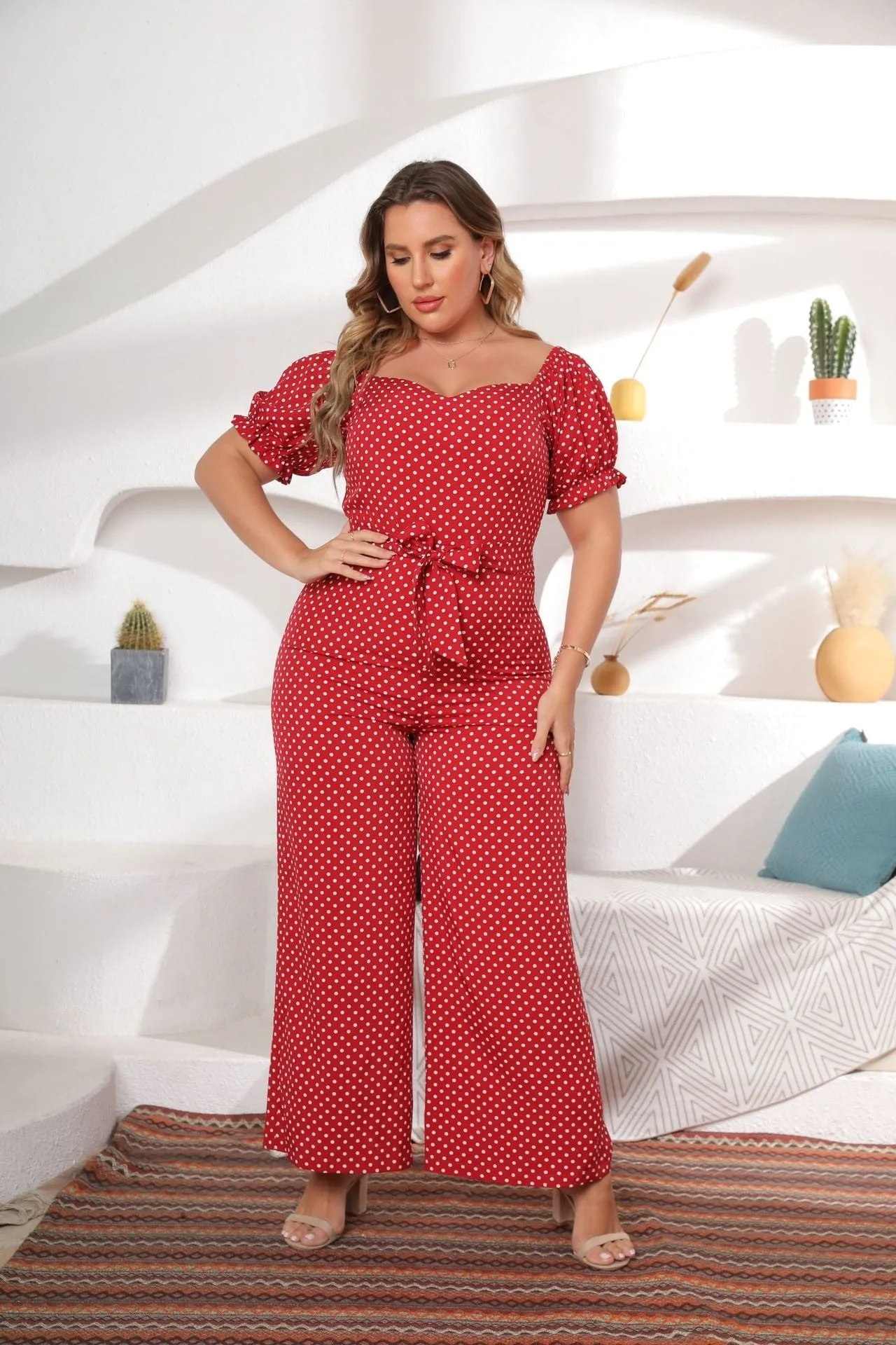 Polka Dot Print One Shoulder Wide Leg Jumpsuit