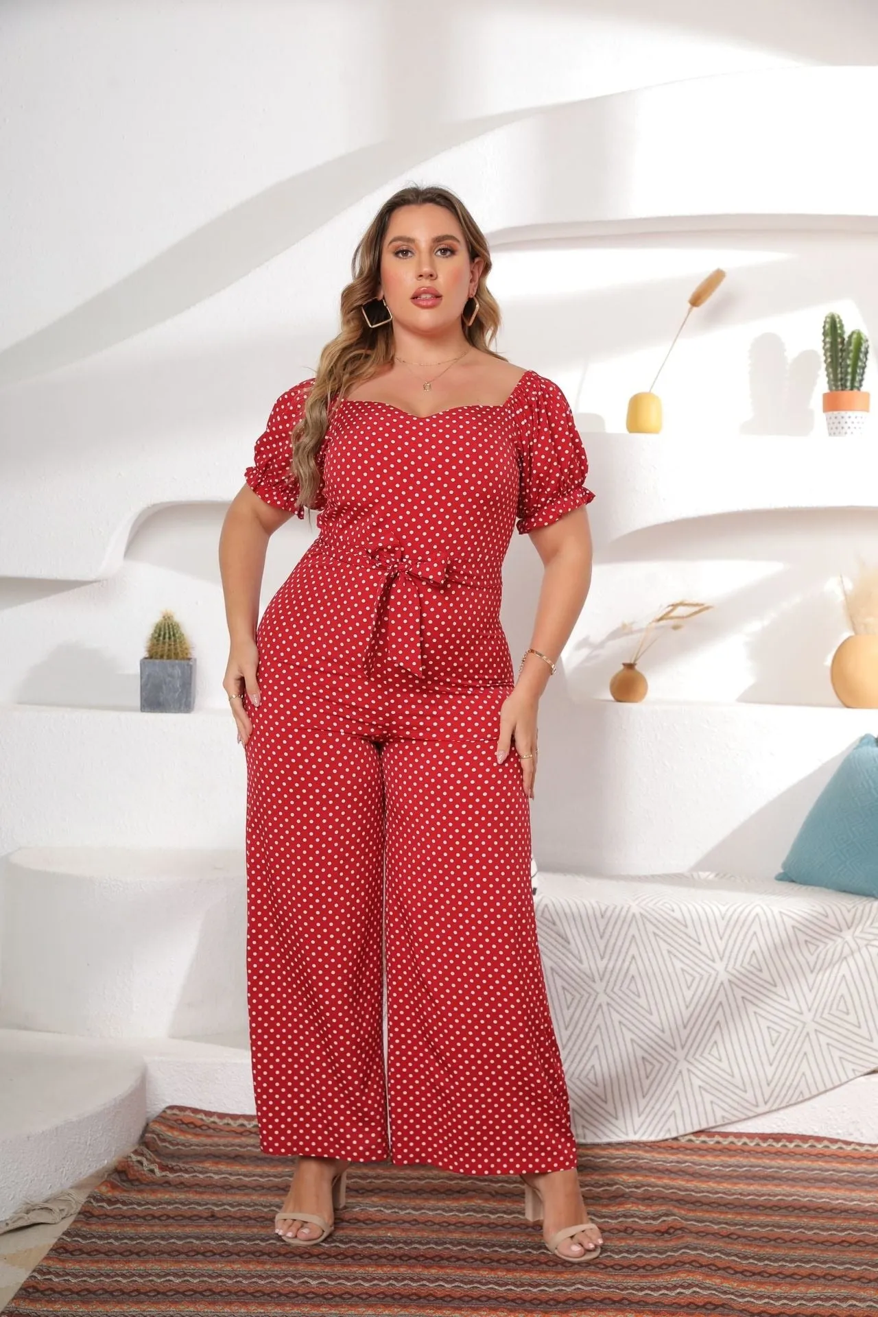 Polka Dot Print One Shoulder Wide Leg Jumpsuit