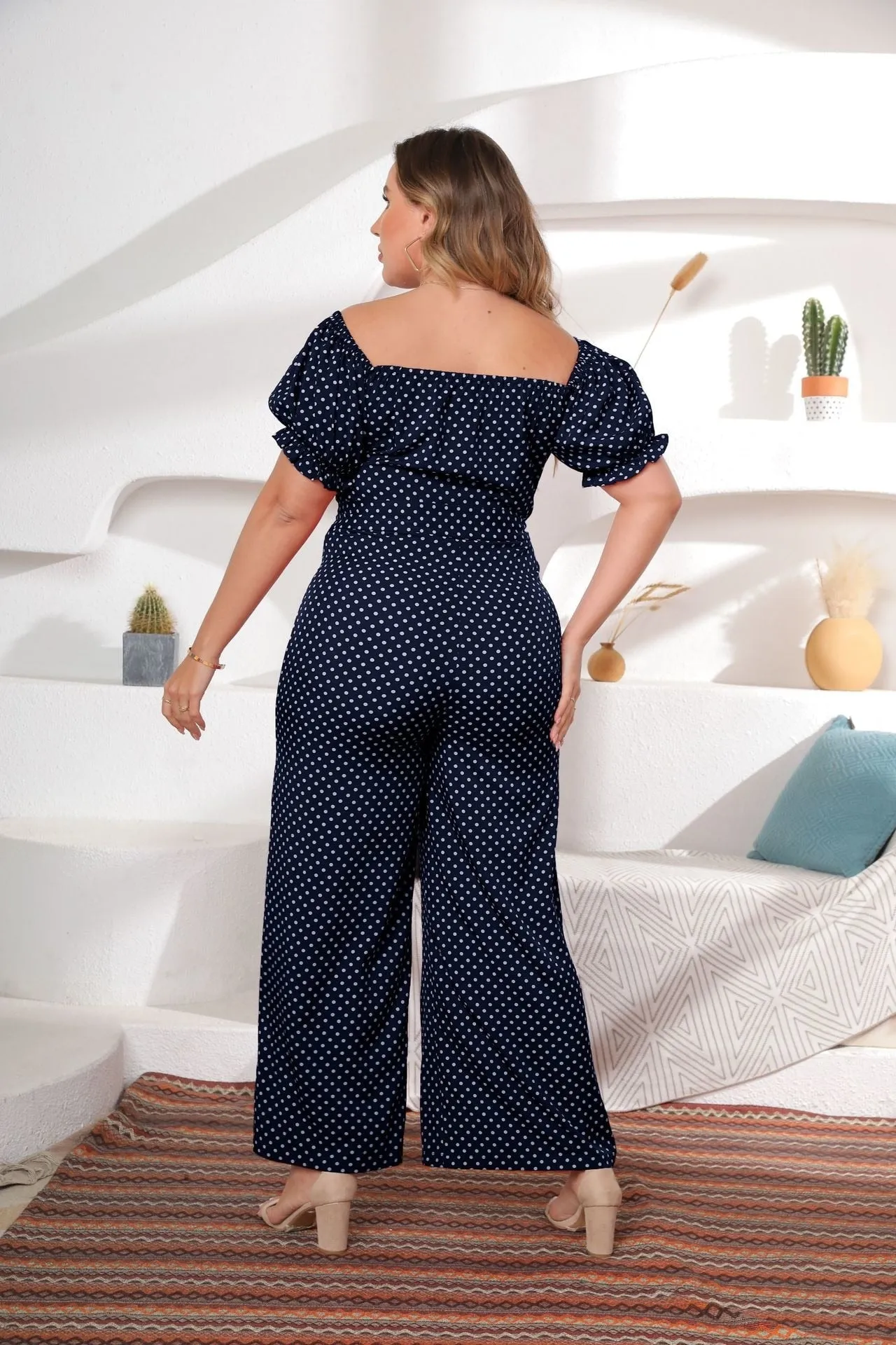 Polka Dot Print One Shoulder Wide Leg Jumpsuit