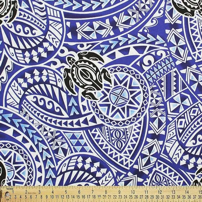 Polynesian Tribal Turtle Print Fabric- Blue