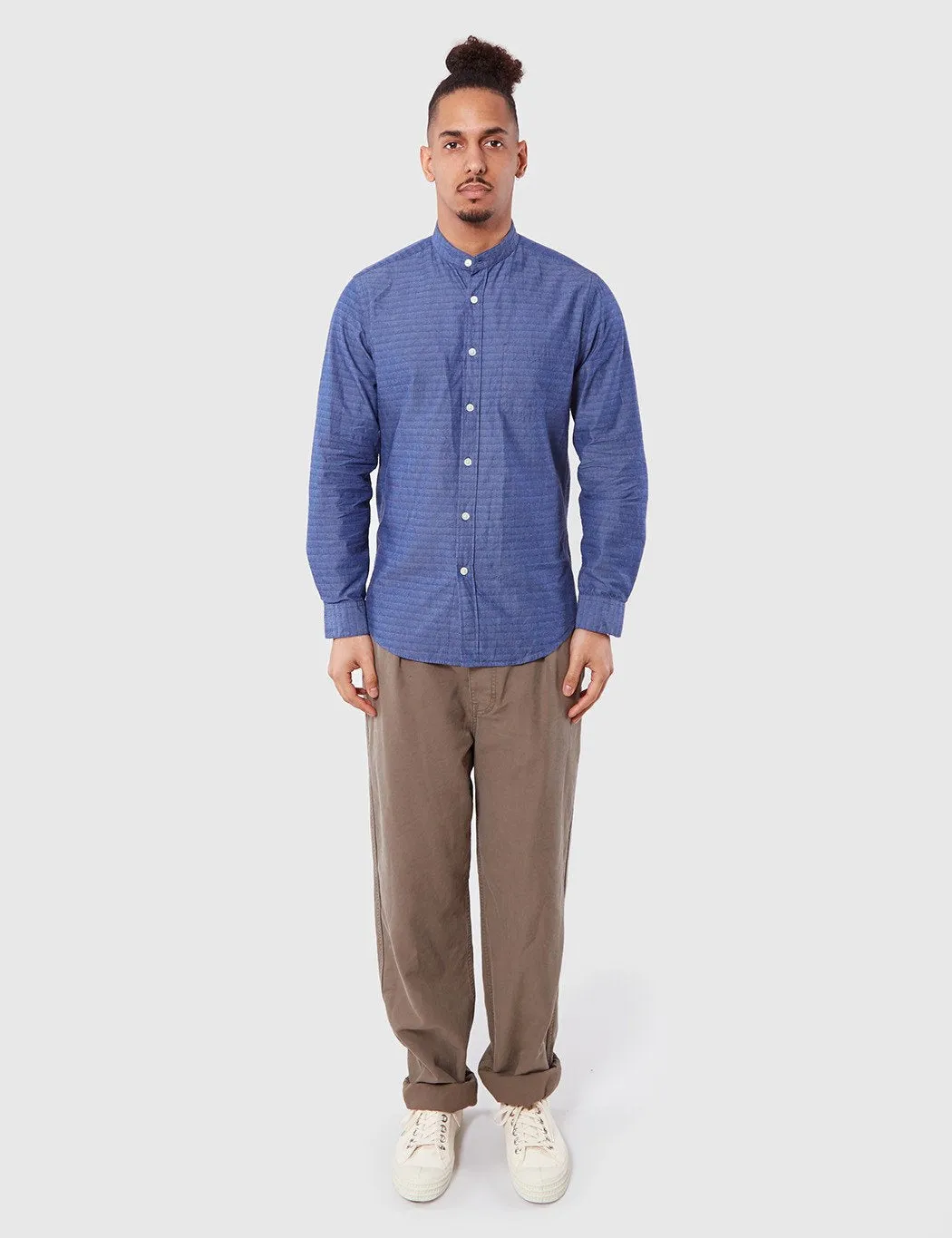 Portuguese Flannel Cafe Grandad Shirt - Blue