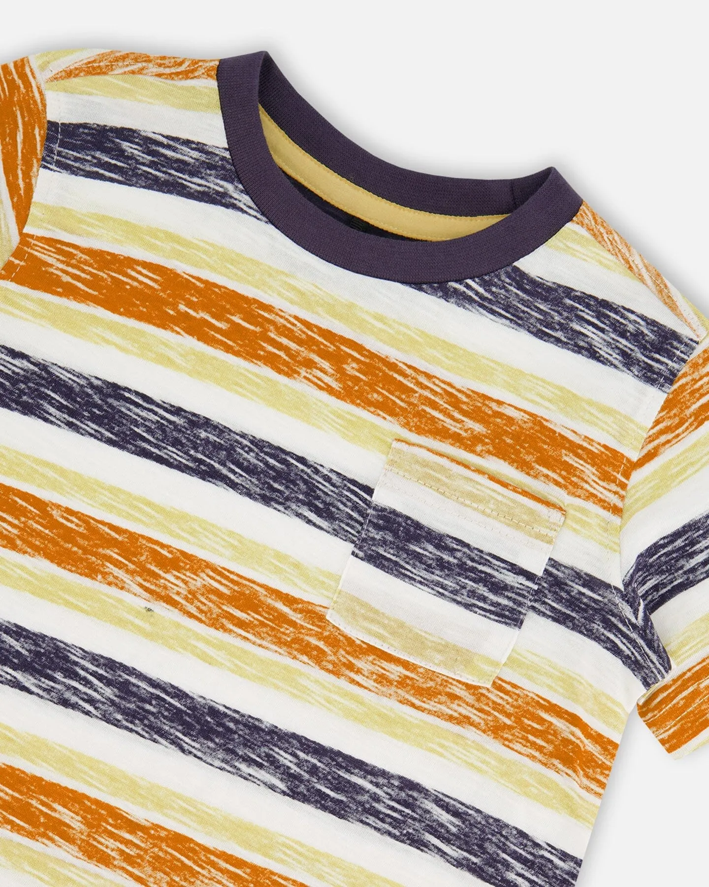 Printed Organic Cotton Tee Navy Striped, Orange, And Lime Green