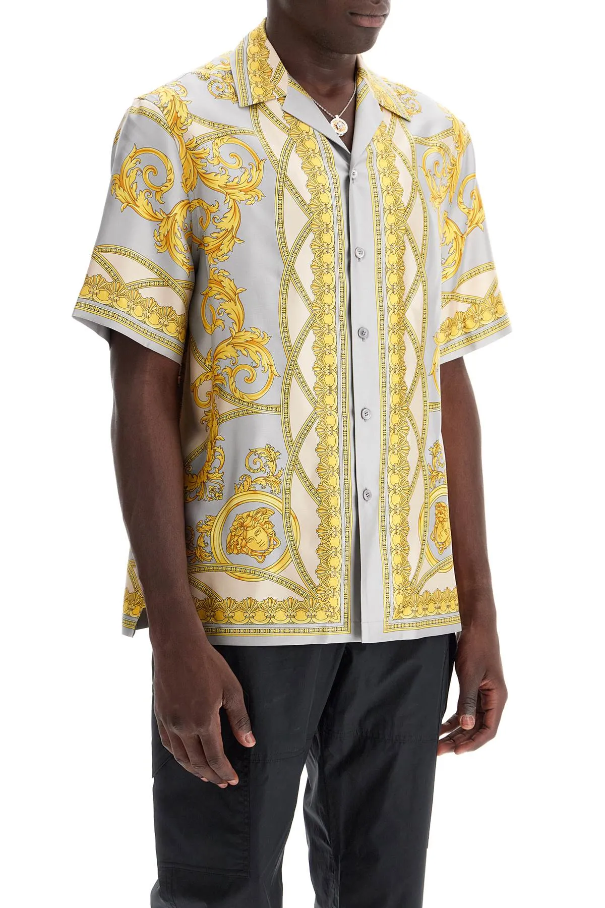 'printed silk bowling shirt from the gods' collection 1003926 1A11391 CONCRETE MID BONE GOLD