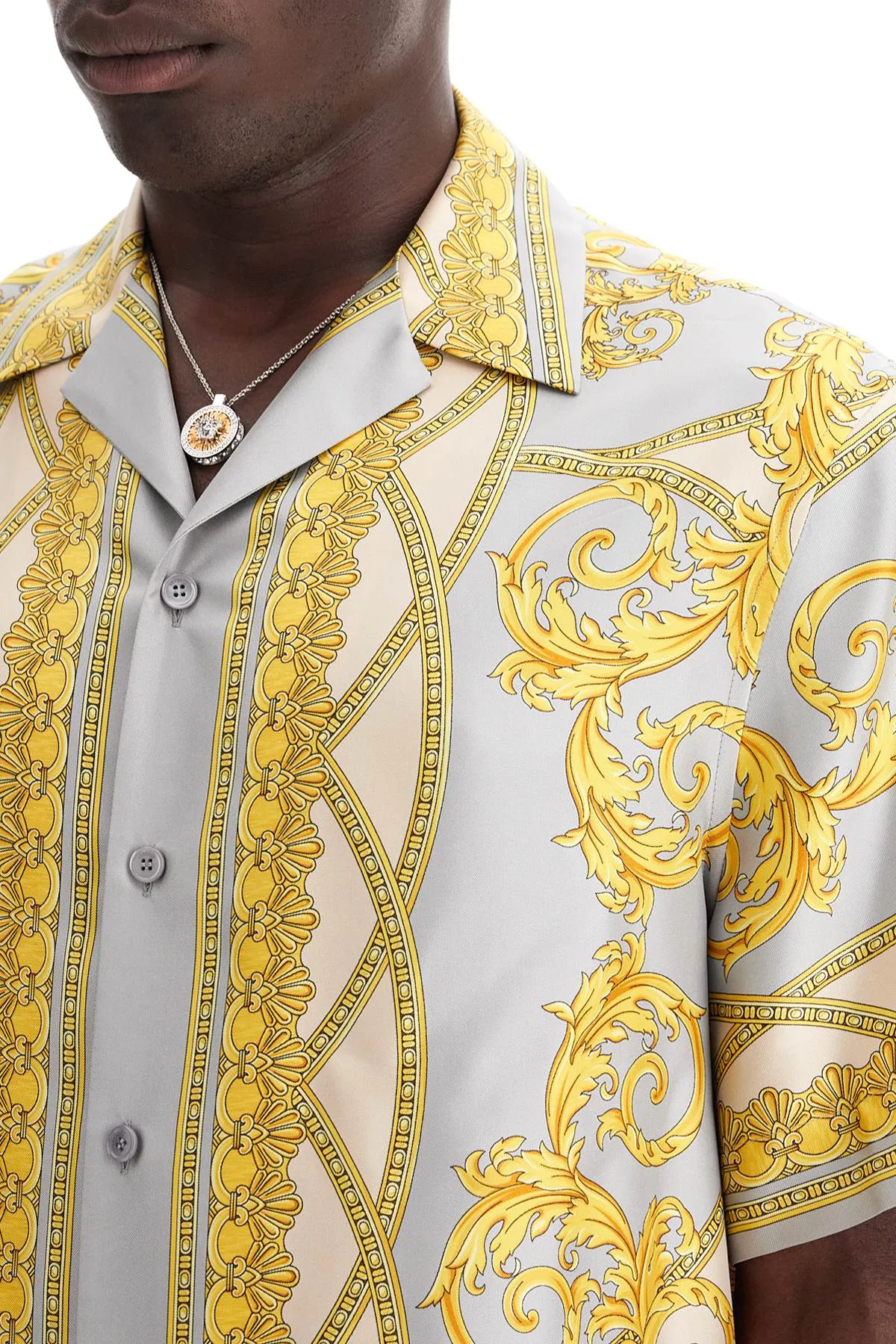 'printed silk bowling shirt from the gods' collection 1003926 1A11391 CONCRETE MID BONE GOLD