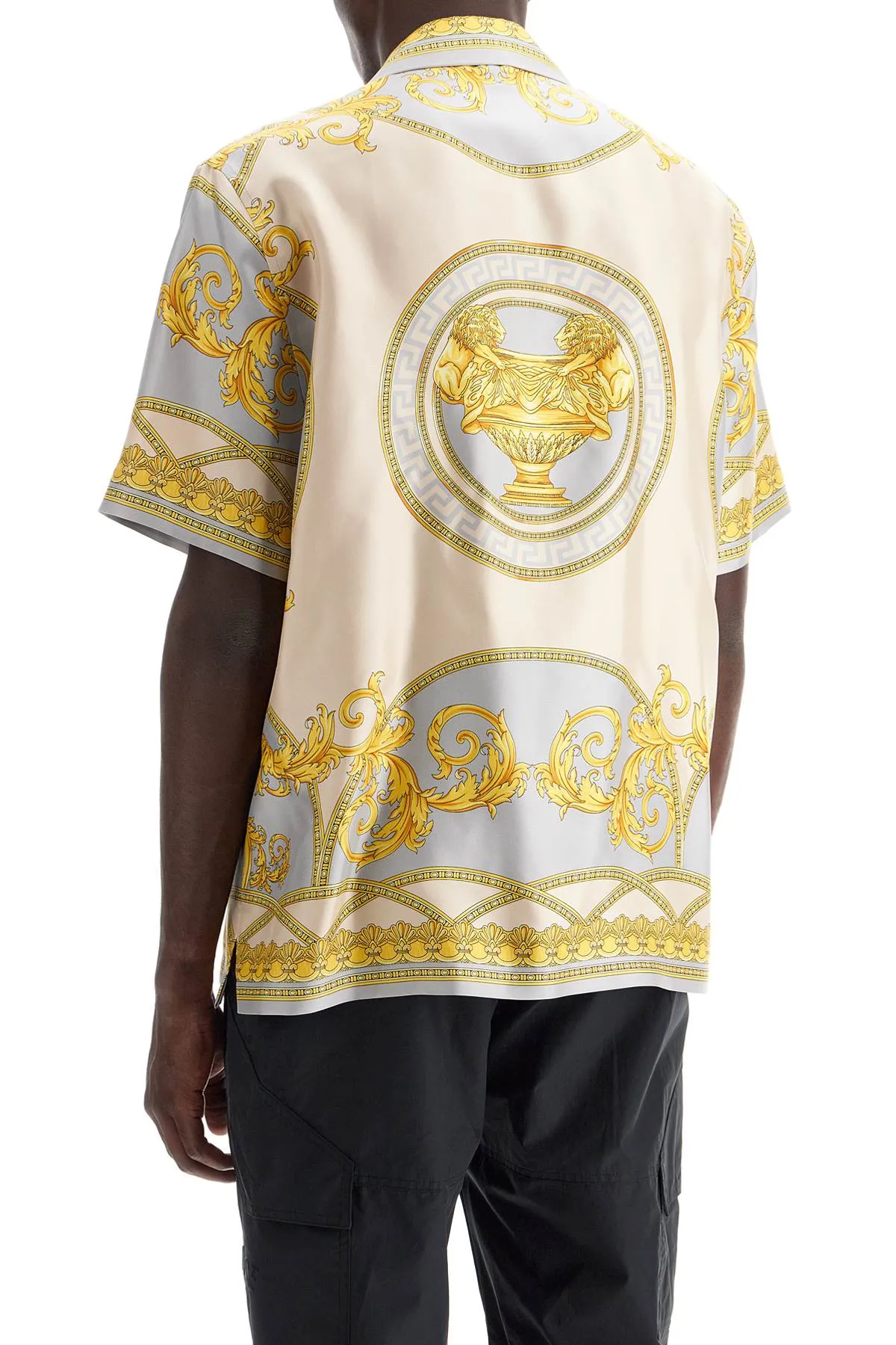 'printed silk bowling shirt from the gods' collection 1003926 1A11391 CONCRETE MID BONE GOLD