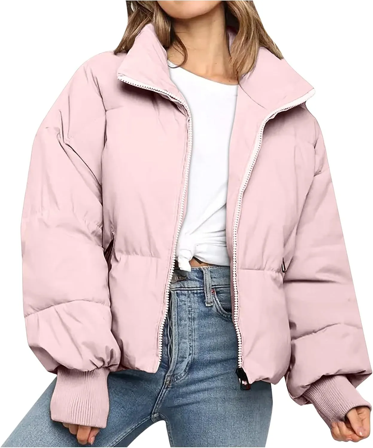 Puffer Jacket Womens Winter Cropped Quilted Coat Casual Baggy Long Sleeve Zip Down Jackets Outerwear With Pockets