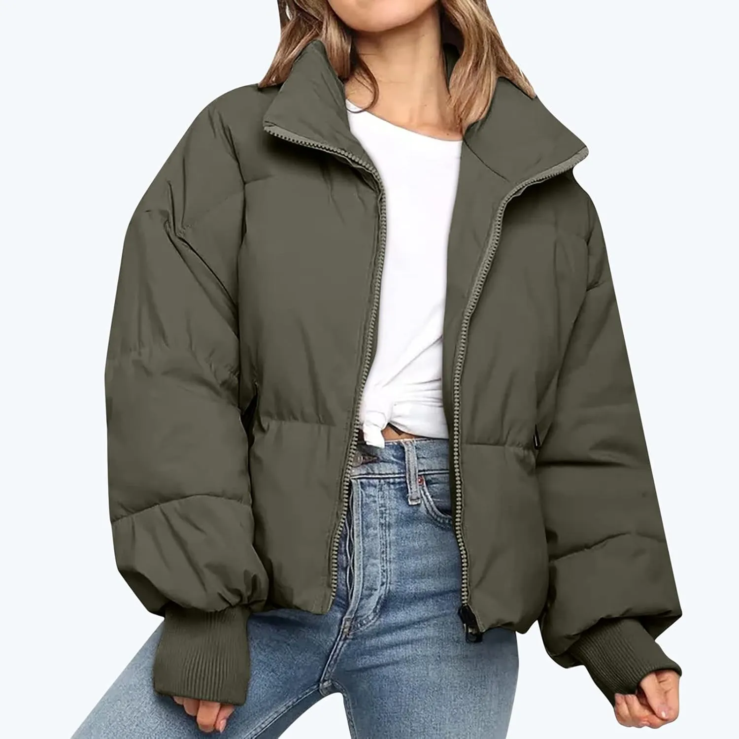 Puffer Jacket Womens Winter Cropped Quilted Coat Casual Baggy Long Sleeve Zip Down Jackets Outerwear With Pockets