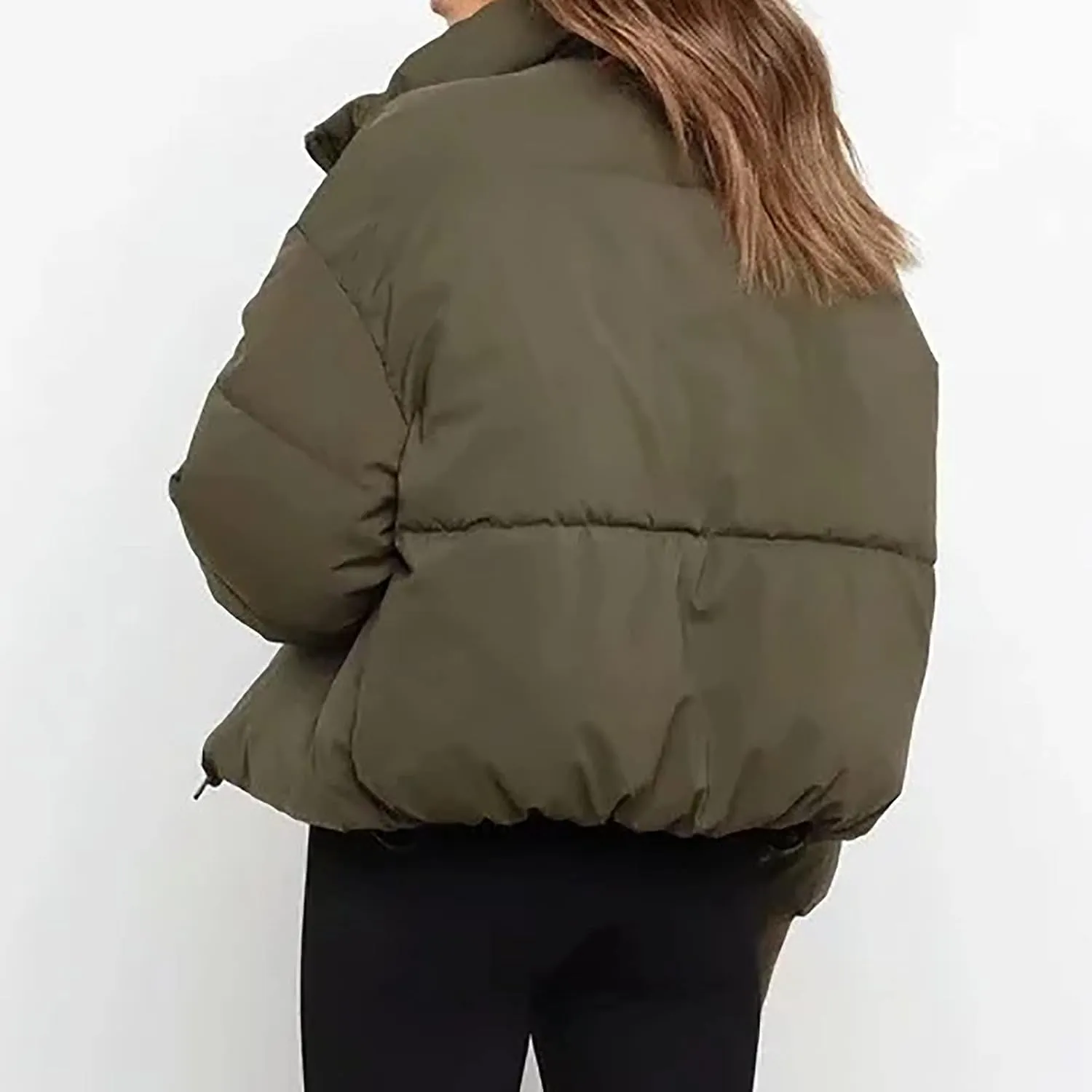 Puffer Jacket Womens Winter Cropped Quilted Coat Casual Baggy Long Sleeve Zip Down Jackets Outerwear With Pockets