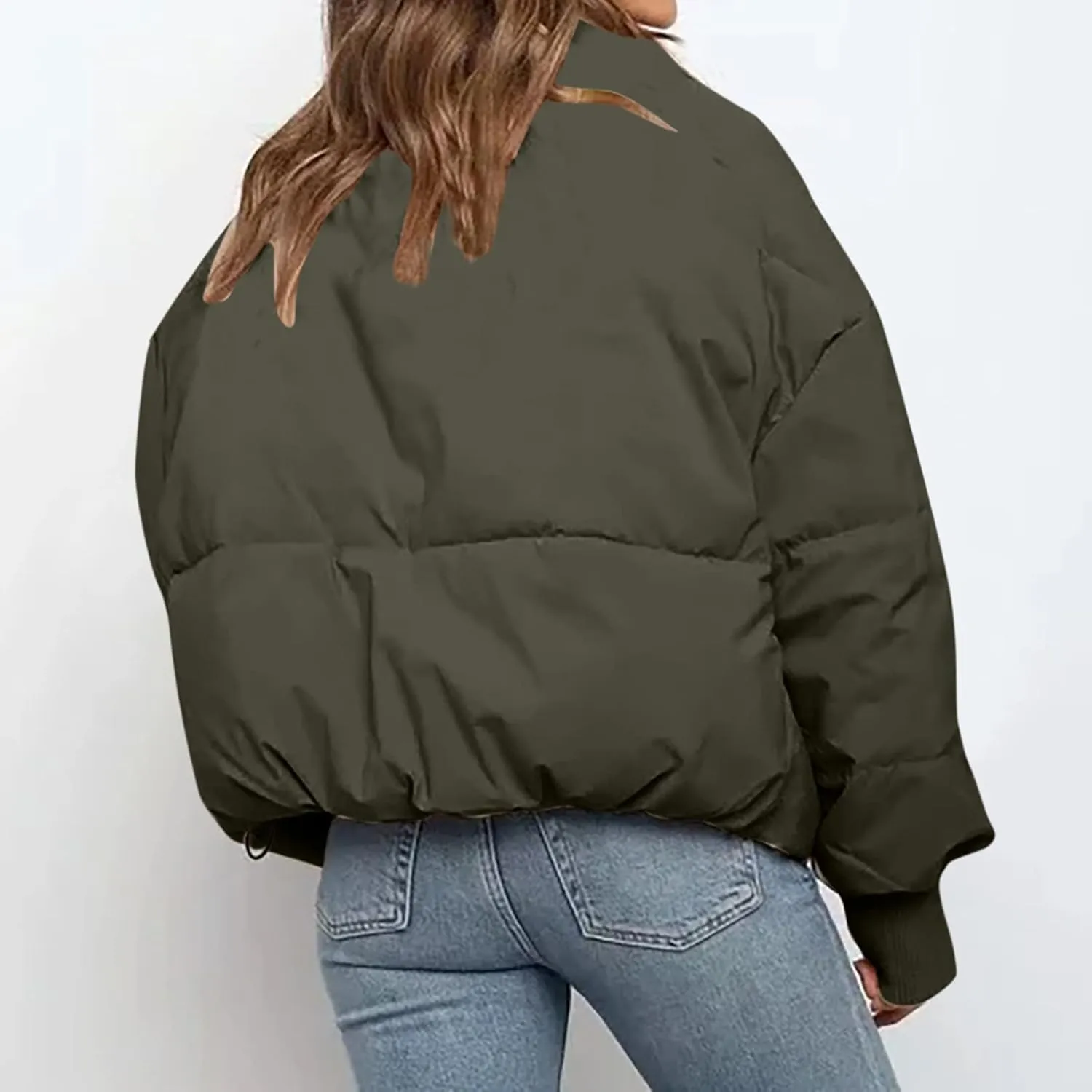 Puffer Jacket Womens Winter Cropped Quilted Coat Casual Baggy Long Sleeve Zip Down Jackets Outerwear With Pockets