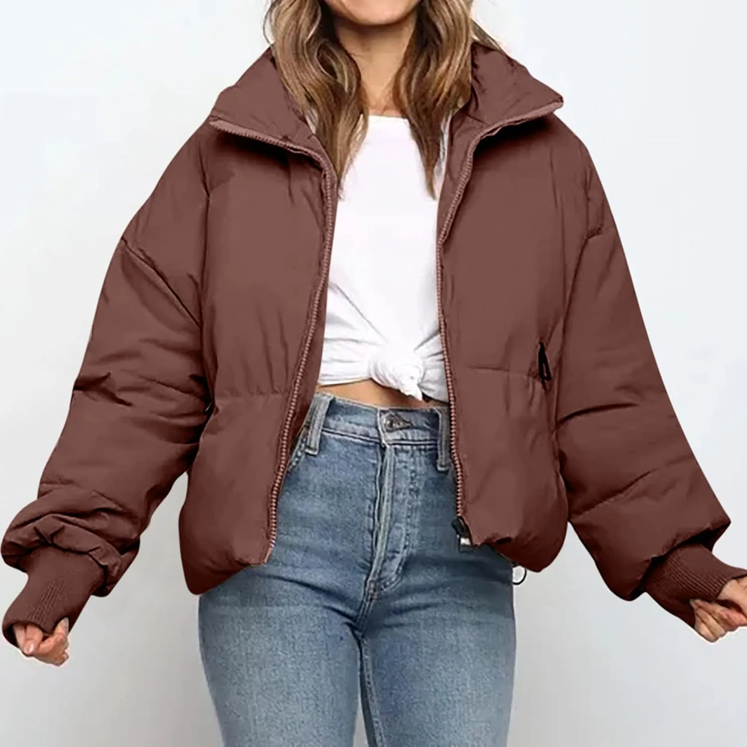 Puffer Jacket Womens Winter Cropped Quilted Coat Casual Baggy Long Sleeve Zip Down Jackets Outerwear With Pockets