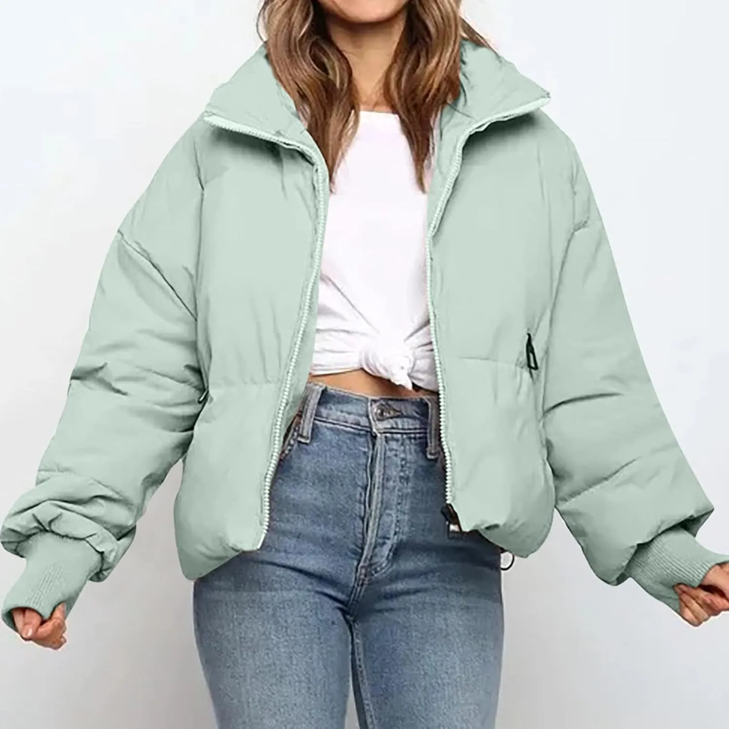 Puffer Jacket Womens Winter Cropped Quilted Coat Casual Baggy Long Sleeve Zip Down Jackets Outerwear With Pockets